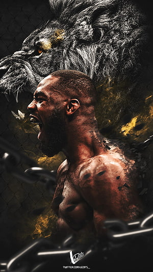 Jon Jones UFC Fighter Roaring With Lion Spirit And Chain Link Fence Background HD phone wallpaper