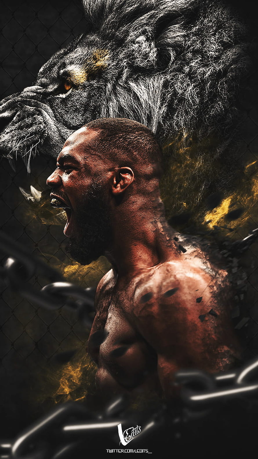 Jon Jones UFC Fighter Roaring With Lion Spirit And Chain Link Fence Background HD phone wallpaper