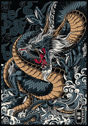 Traditional Japanese Dragon Illustration with Waves and Clouds HD phone wallpaper