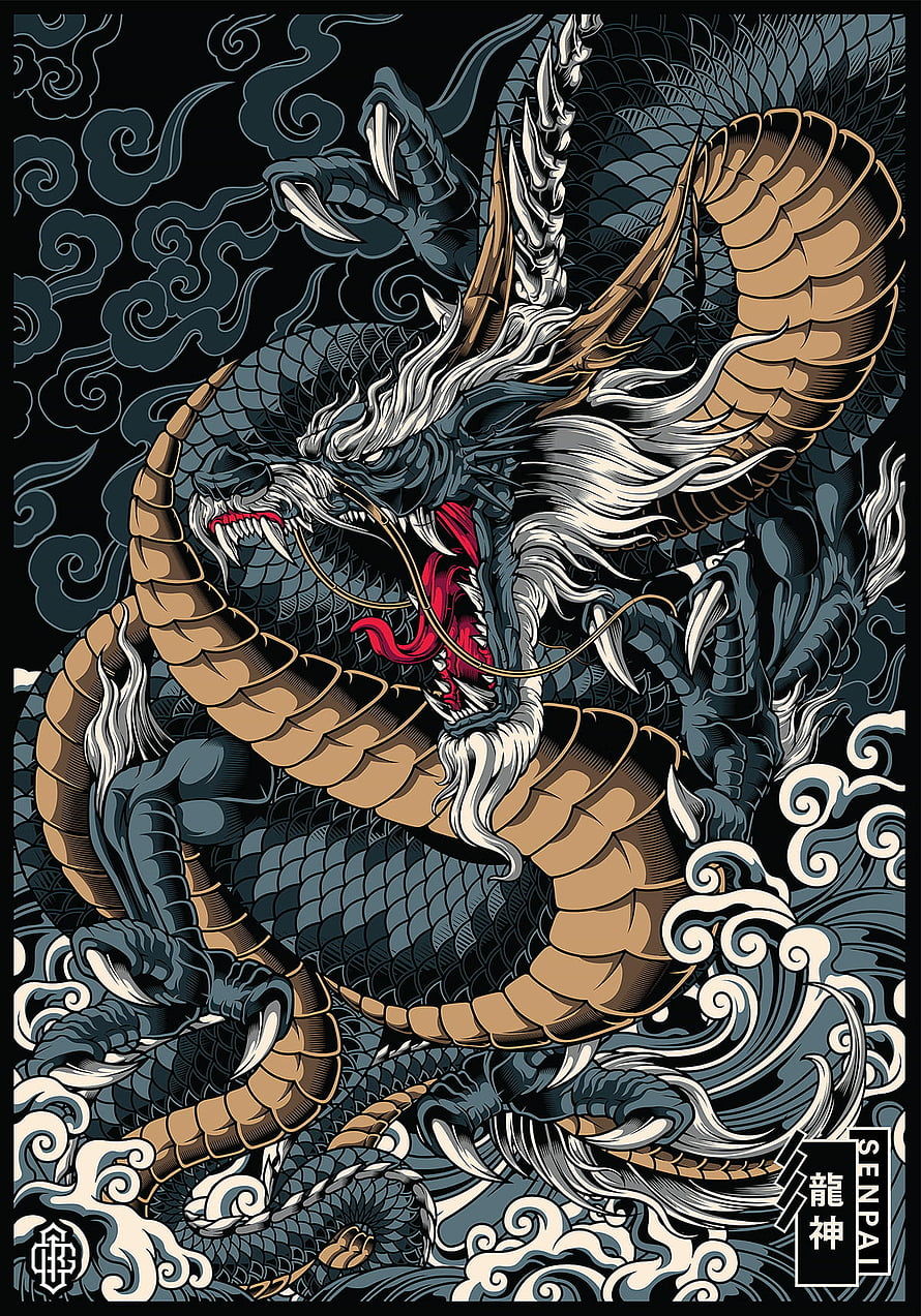 Traditional Japanese Dragon Illustration with Waves and Clouds HD phone wallpaper