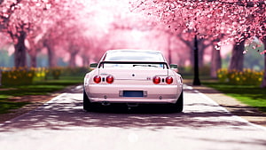 Pink Nissan Skyline GT-R R34 Rear View Under Cherry Blossom Trees HD wallpaper