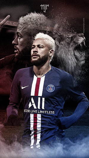 Neymar Jr in Paris Saint-Germain Kit with Dramatic Lion Background HD phone wallpaper