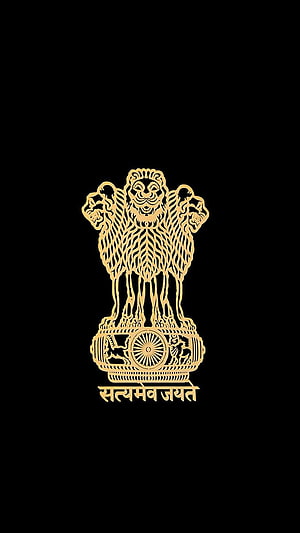 Golden National Emblem of India with Three Lions and Ashoka Chakra on Black Background HD phone wallpaper