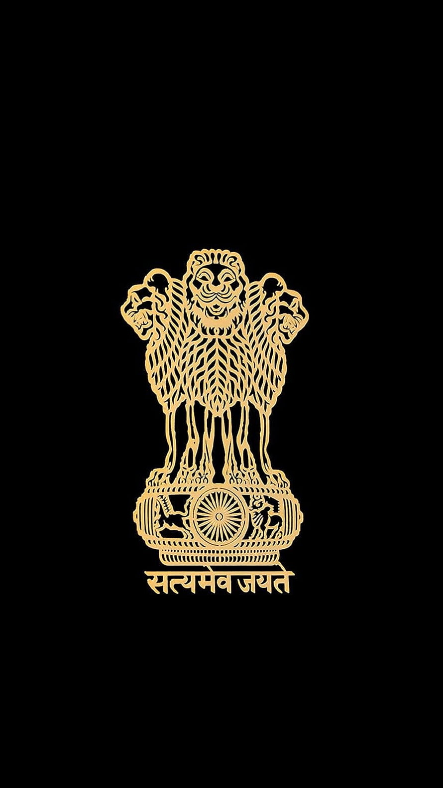 Golden National Emblem of India with Three Lions and Ashoka Chakra on Black Background HD phone wallpaper