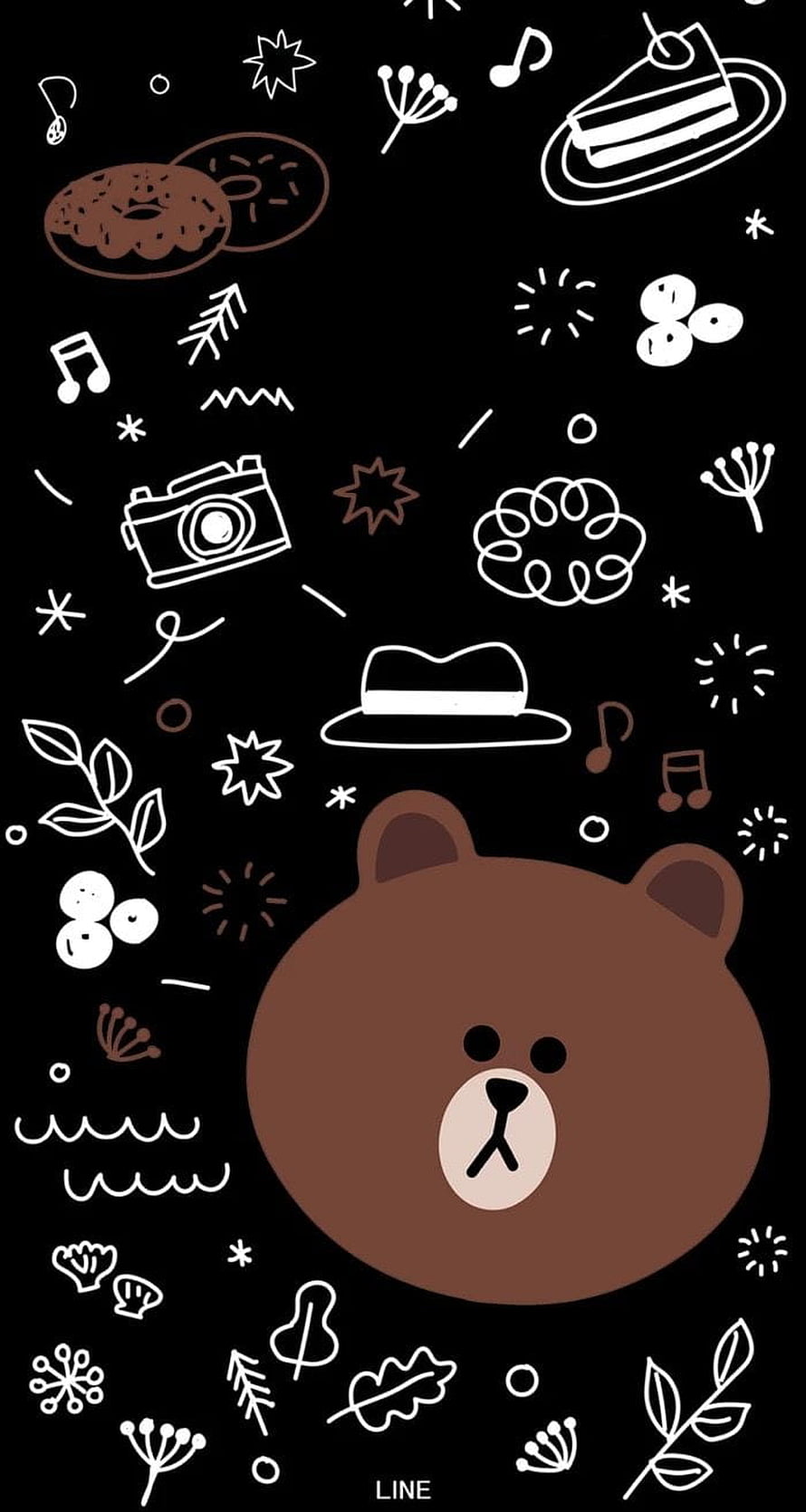 Brown Bear Character with Doodles and Icons on Black Background HD phone wallpaper