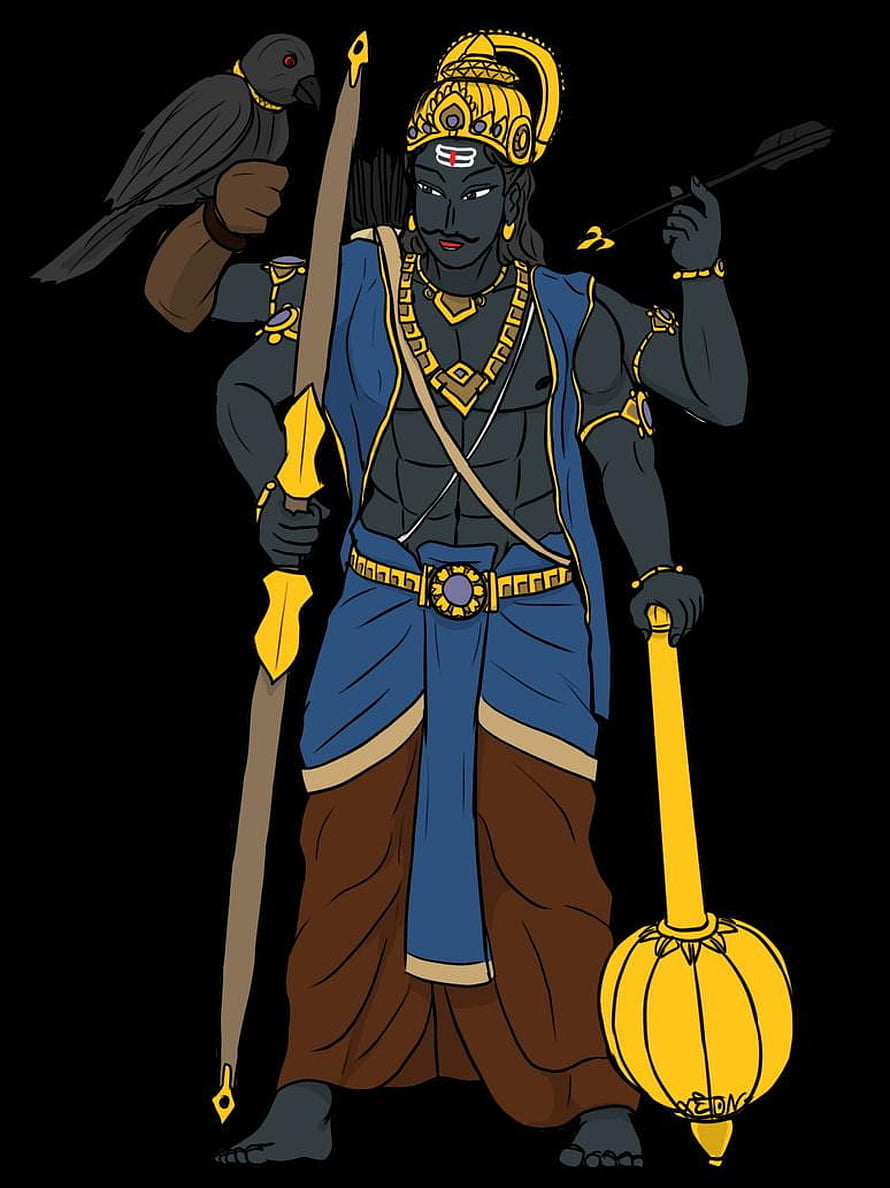 Kaliya Daman Krishna with bow, arrow, mace, and crow on black background, Shani dev for Android, #shani dev HD phone wallpaper