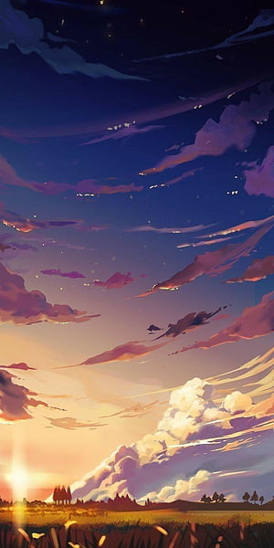 Anime Style Sunset Sky With Dramatic Clouds Over Golden Grassland HD phone wallpaper