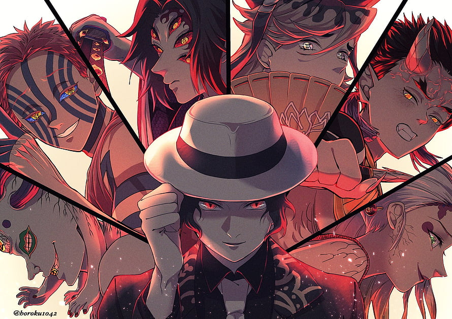 Demon Slayer Upper Rank Demons Group Artwork with Akaza, Kokushibo, and Daki HD wallpaper