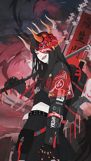 Anime girl with red oni mask and horns wearing tactical gear holding a katana in a dark fantasy style HD phone wallpaper