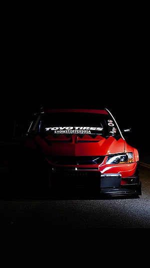 Red Mitsubishi Lancer Evolution IX Widebody Drift Car at Night HD phone wallpaper