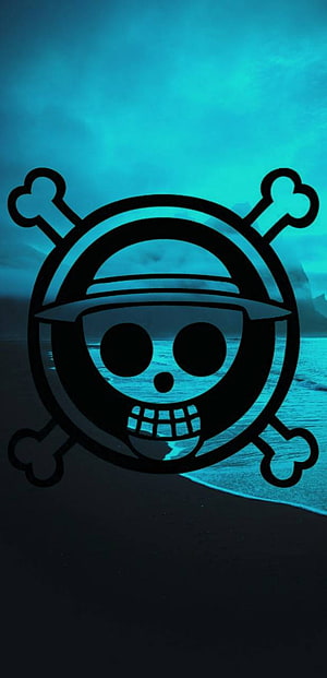 One Piece Jolly Roger Skull and Crossbones Logo on Dark Ocean Beach Background HD phone wallpaper