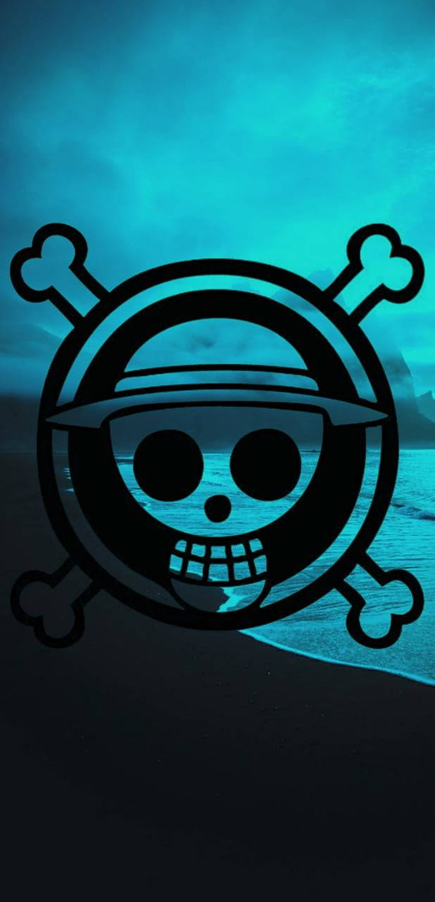 One Piece Jolly Roger Skull and Crossbones Logo on Dark Ocean Beach Background HD phone wallpaper