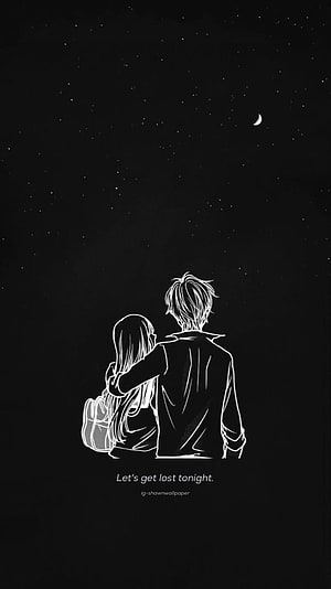 Anime Couple Stargazing Under Crescent Moon Night Sky Illustration HD phone wallpaper