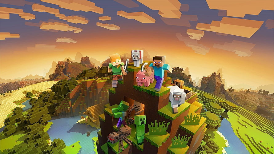 Minecraft Blocky World at Sunset with Steve, Alex, and Creatures on a Floating Island HD wallpaper