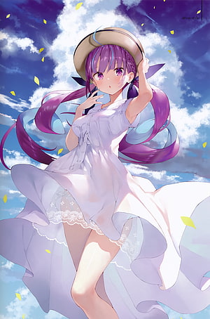 Anime Girl With Purple Hair In White Dress And Straw Hat Under Blue Sky HD phone wallpaper