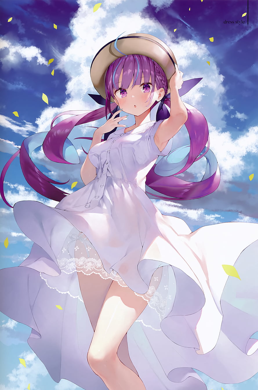 Anime Girl With Purple Hair In White Dress And Straw Hat Under Blue Sky HD phone wallpaper