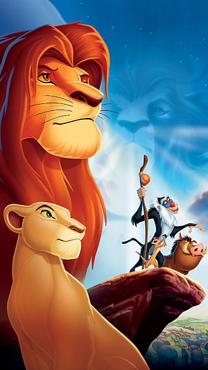 The Lion King Animated Poster Featuring Simba, Nala, Rafiki, Timon, and Pumbaa on Pride Rock HD phone wallpaper