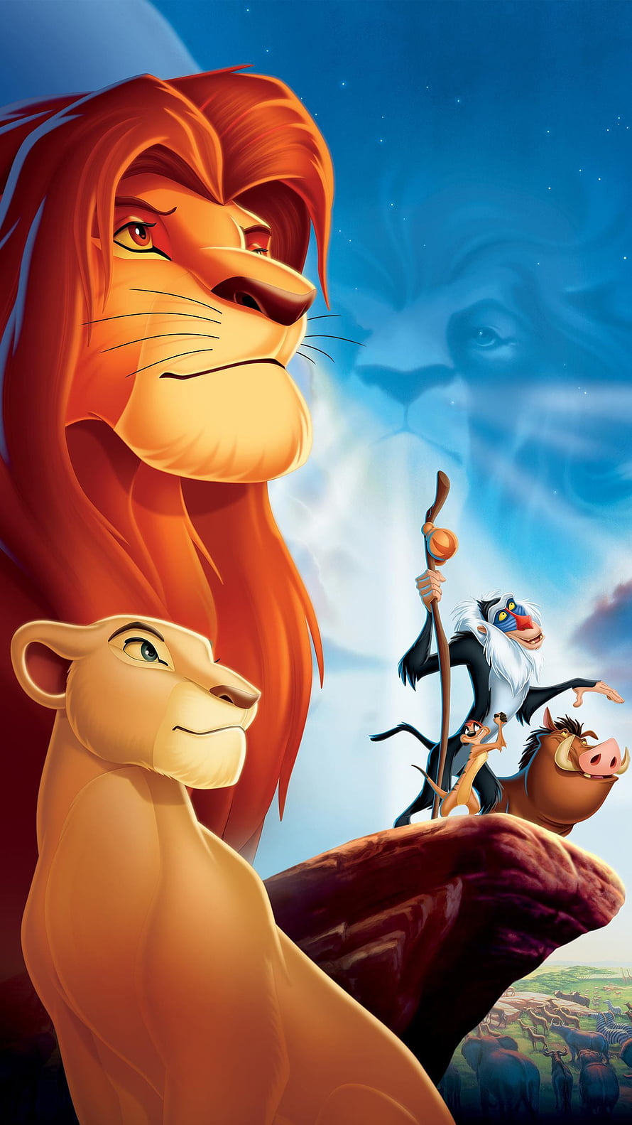 The Lion King Animated Poster Featuring Simba, Nala, Rafiki, Timon, and Pumbaa on Pride Rock HD phone wallpaper