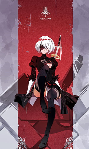 2B from NieR Automata sitting on a throne with sword and halo HD phone wallpaper
