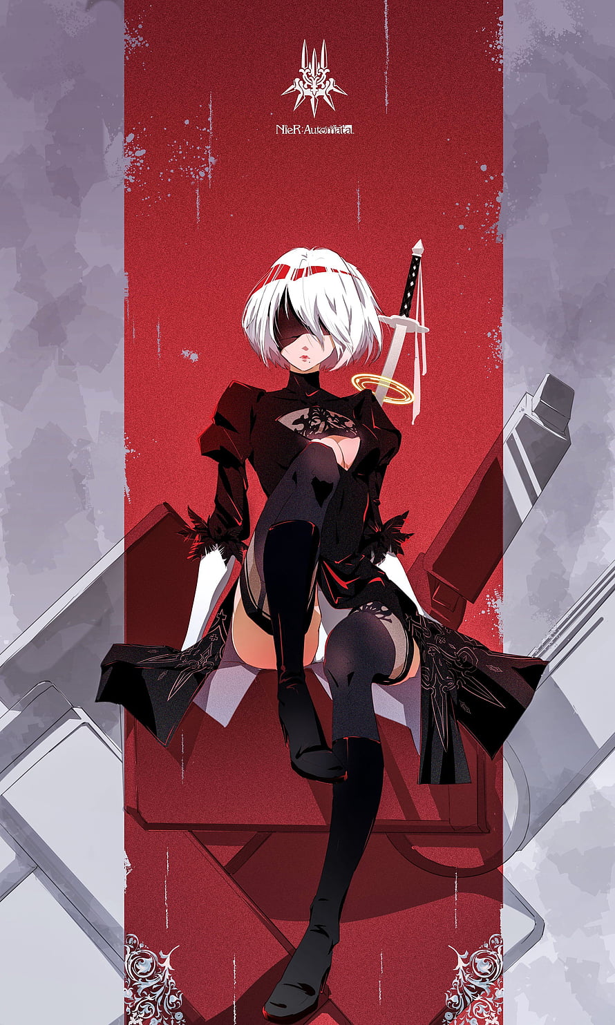 2B from NieR Automata sitting on a throne with sword and halo HD phone wallpaper