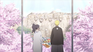 Naruto and Hinata Gazing at the Hokage Monument Amidst Cherry Blossoms HD wallpaper
