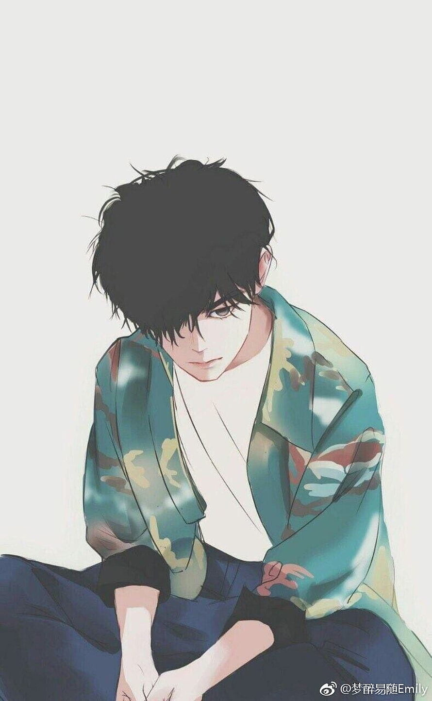Anime Boy With Black Hair Wearing A Green Camouflage Jacket And White T-Shirt HD phone wallpaper