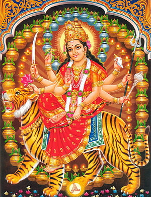 Goddess Durga Riding a Tiger with Multiple Arms Holding Weapons and a Lotus HD phone wallpaper