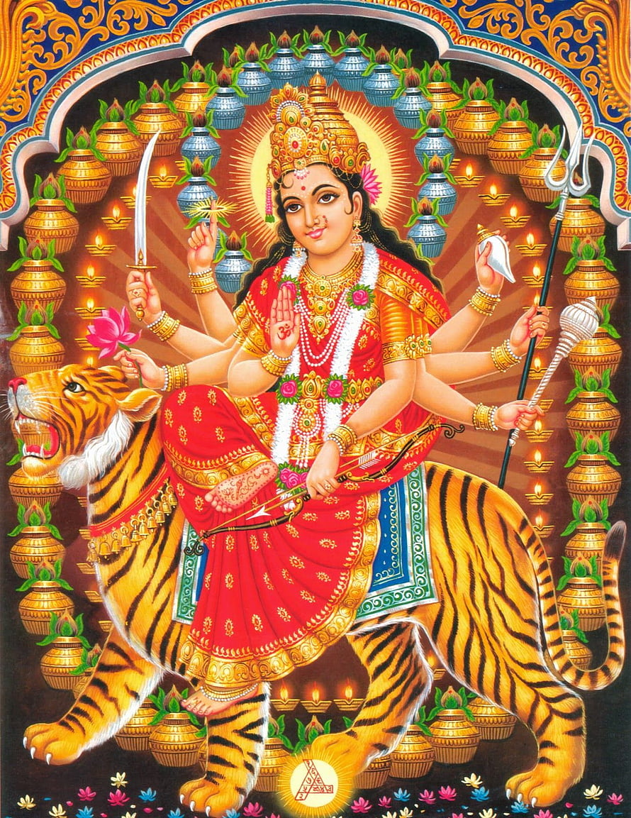 Goddess Durga Riding a Tiger with Multiple Arms Holding Weapons and a Lotus HD phone wallpaper