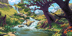 Philipp A Ulrich Pixel Art Landscape Featuring Waterfall, Ancient Tree, and Mountain Valley HD wallpaper