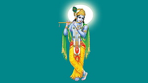 Lord Krishna Playing Flute With Peacock Feather Crown On Teal Background HD wallpaper