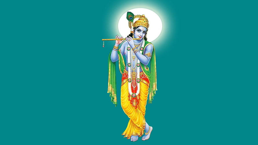 Lord Krishna Playing Flute With Peacock Feather Crown On Teal Background HD wallpaper
