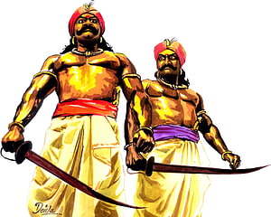 Illustration of Two Muscular Indian Warriors with Swords and Turbans HD wallpaper