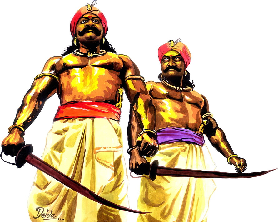 Illustration of Two Muscular Indian Warriors with Swords and Turbans HD wallpaper