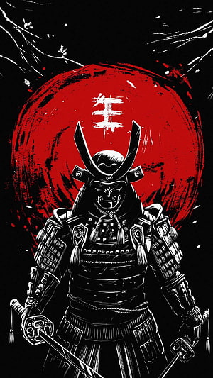 Samurai Warrior in Full Armor with Dual Swords Against a Red Sun HD phone wallpaper