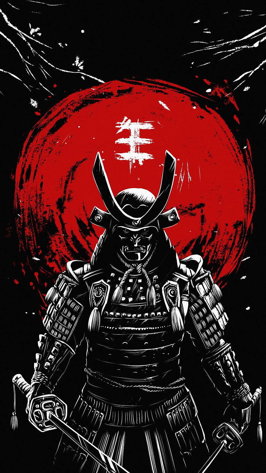 Samurai Warrior in Full Armor with Dual Swords Against a Red Sun HD phone wallpaper
