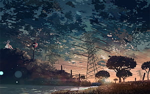 Anime Girl Sitting on Hillside at Dusk with Power Lines and Acacia Trees HD wallpaper