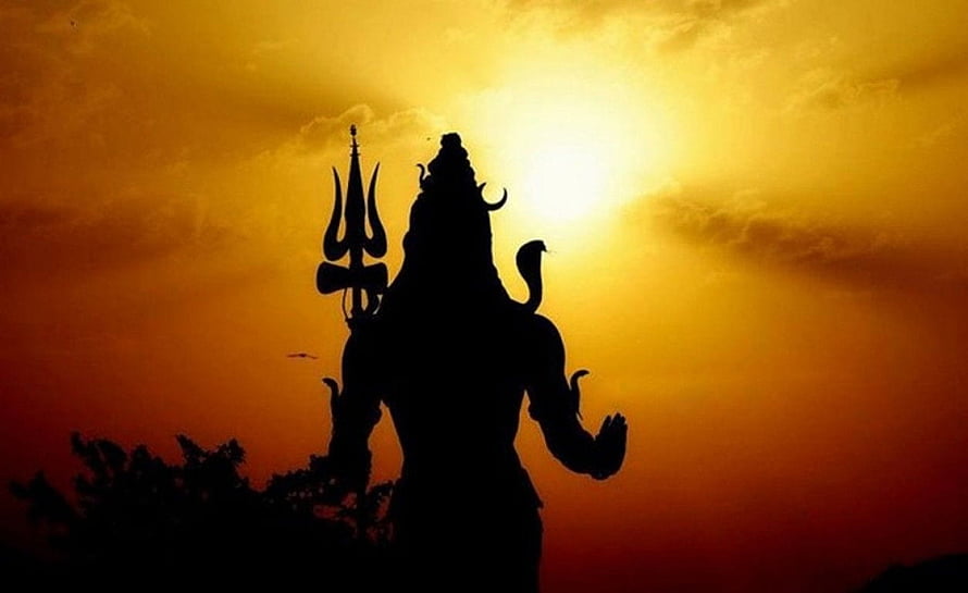 Lord Shiva Silhouette Holding Trishul Against Golden Sunset Sky HD wallpaper