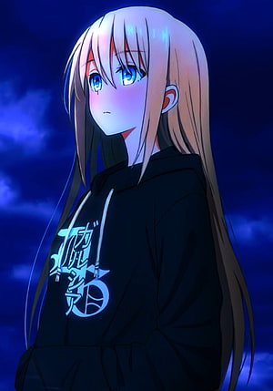 Anime Girl with Long Blonde Hair and Blue Eyes Wearing Black Hoodie Against Night Sky HD phone wallpaper