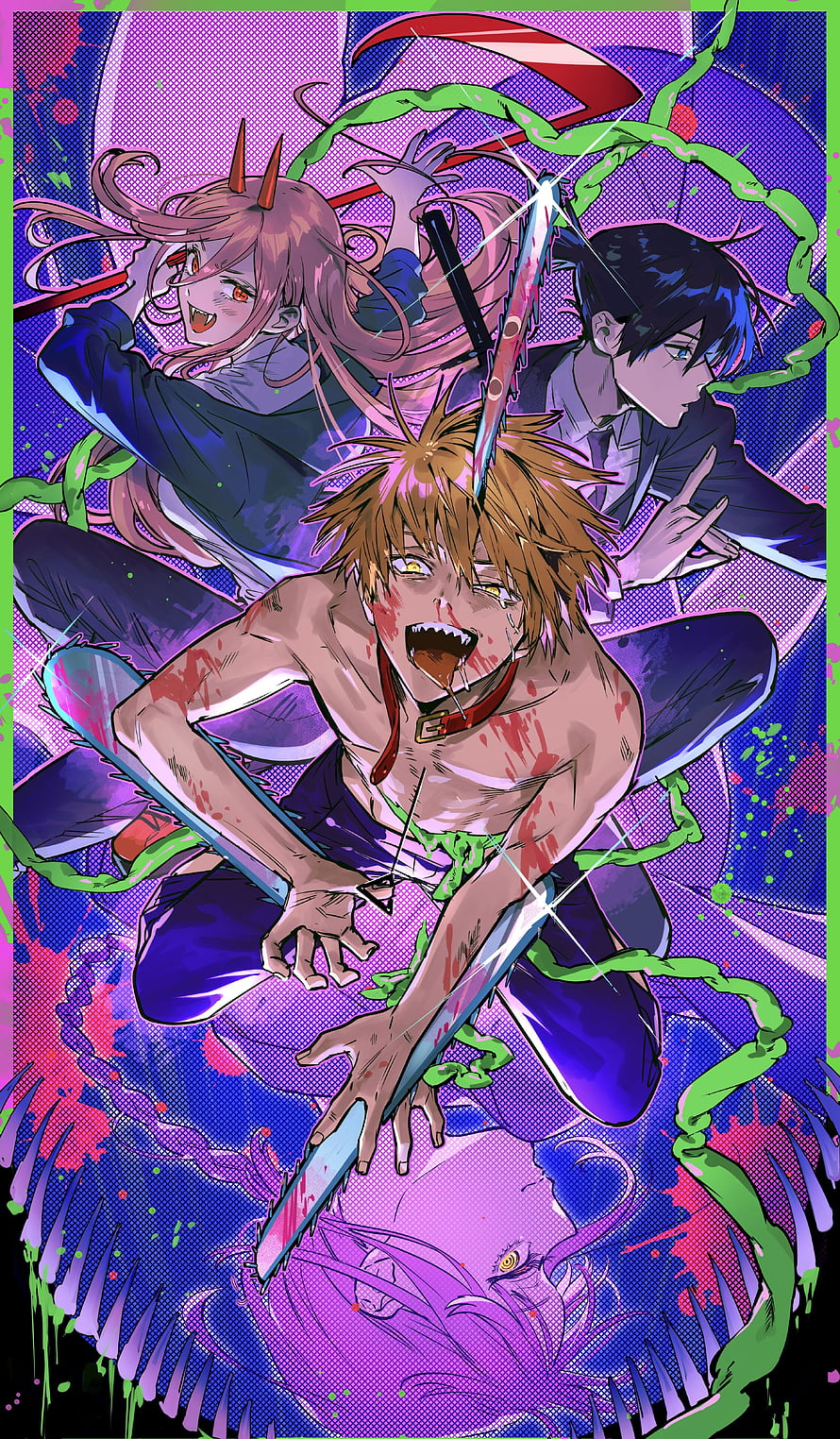 Chainsaw Man Denji Aki and Power in Violent Action Scene with Chains and Blood, Chainsaw Man, Fanart, aki hayakawa HD phone wallpaper