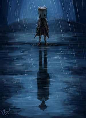 Little Nightmares 2 Mono standing in rain with reflection HD phone wallpaper