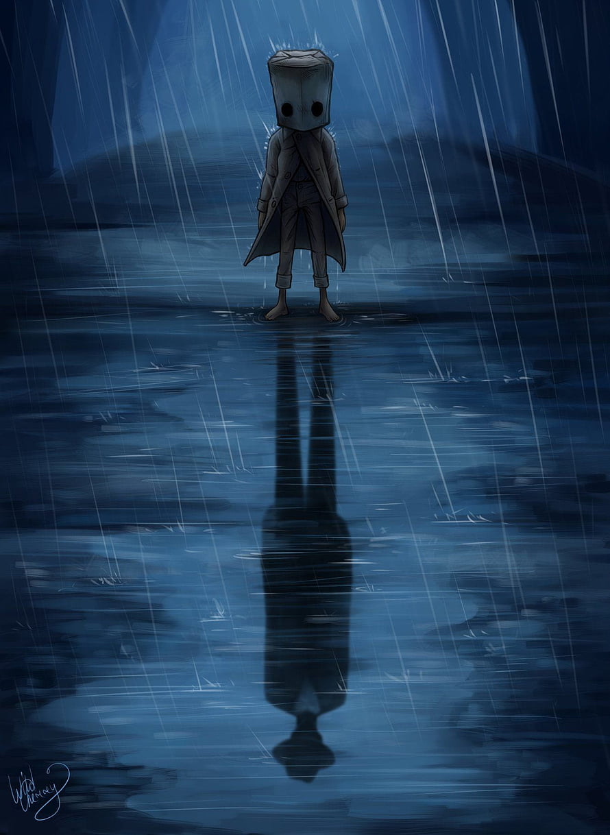 Little Nightmares 2 Mono standing in rain with reflection HD phone wallpaper