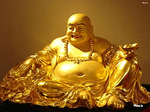 Golden Laughing Buddha Statue with Beads and Ingot HD wallpaper