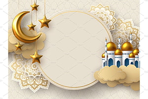 Elegant Ramadan Mubarak Greeting Card with Golden Mosque and Crescent Moon HD wallpaper