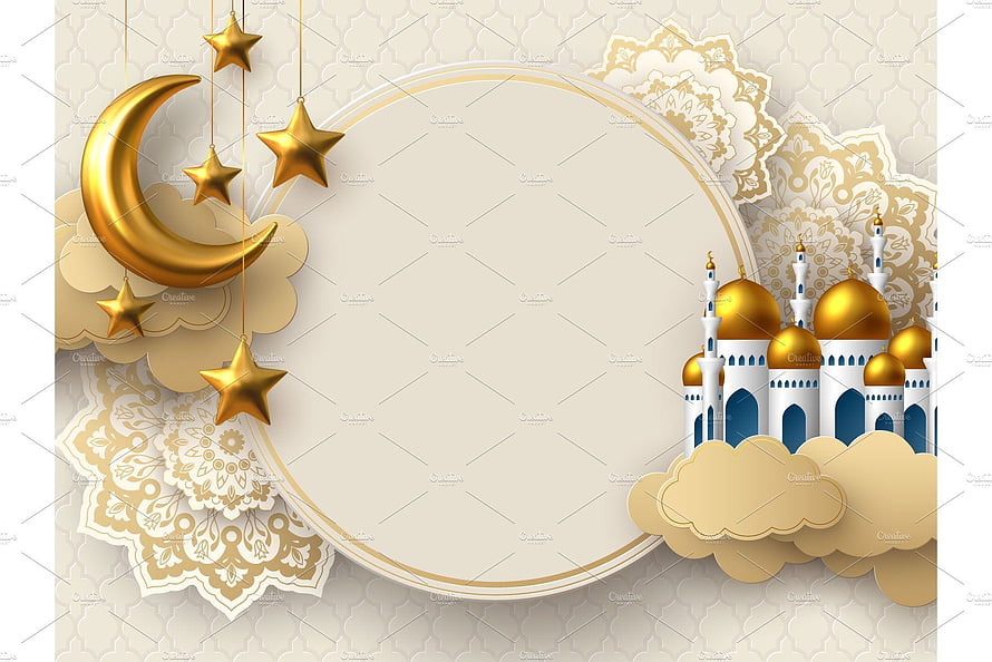 Elegant Ramadan Mubarak Greeting Card with Golden Mosque and Crescent Moon HD wallpaper