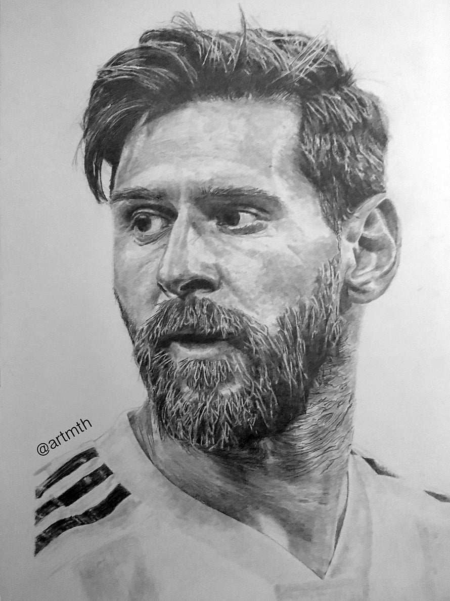 Realistic Pencil Portrait of Lionel Messi with Beard and Jersey HD phone wallpaper