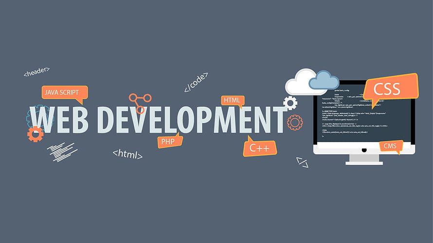 Web Development Concept Illustration Featuring Coding Languages and Desktop Monitor HD wallpaper