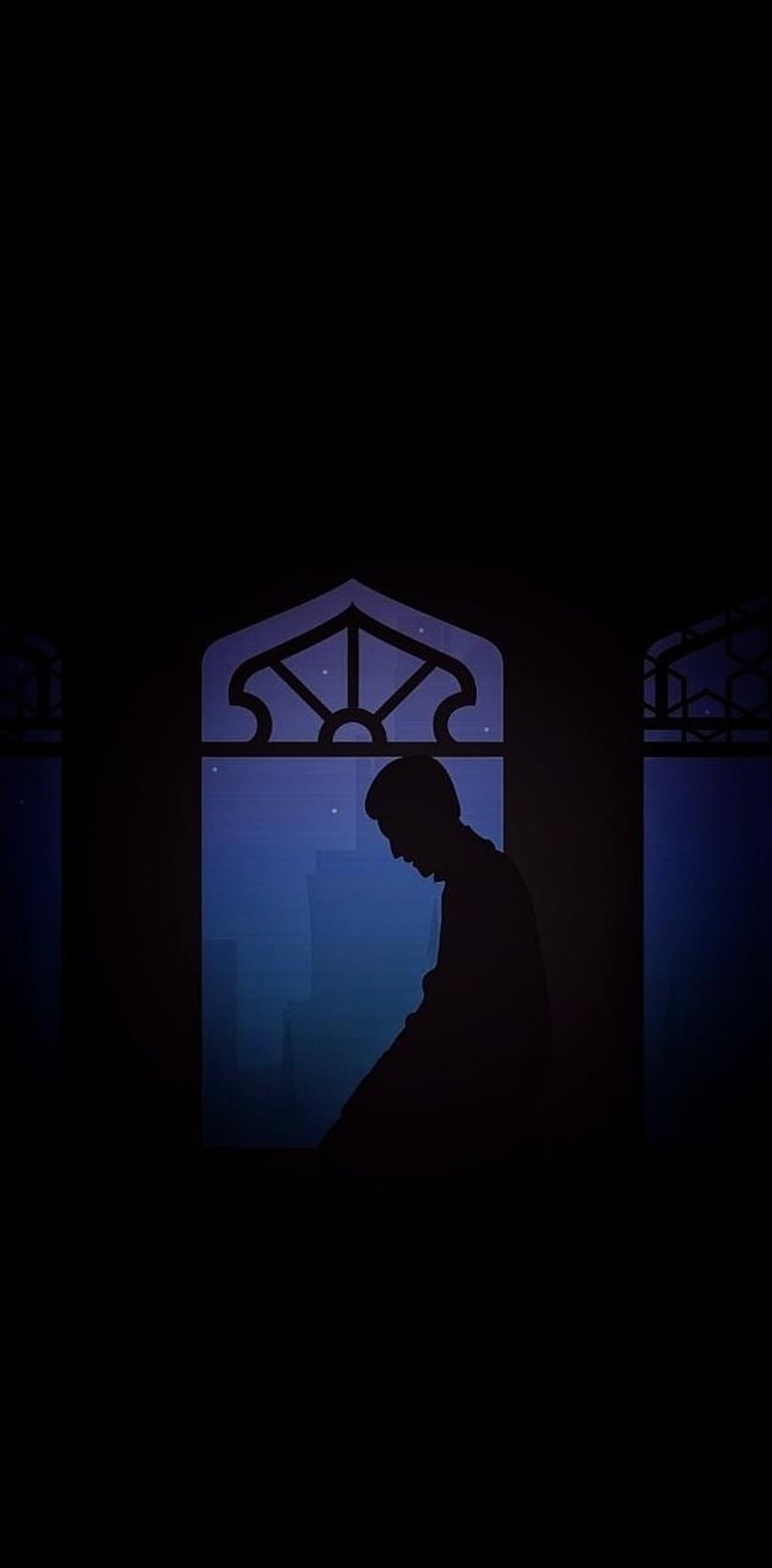 Silhouette of a Muslim man praying in a dark room with an ornate arched window, Muslim Praying by Mahadi1001, #muslim praying HD phone wallpaper