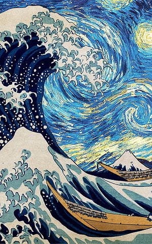 The Great Wave Off Kanagawa and Starry Night Fusion Artwork HD phone wallpaper