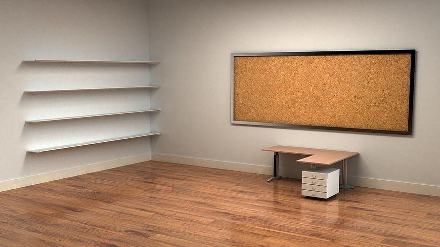 Minimalist Empty Office Room With Wooden Floor, Cork Board, And Shelves HD wallpaper