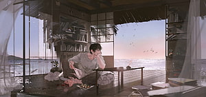Anime Boy Sitting on Floor in Seaside Room Reading Book at Sunset HD wallpaper